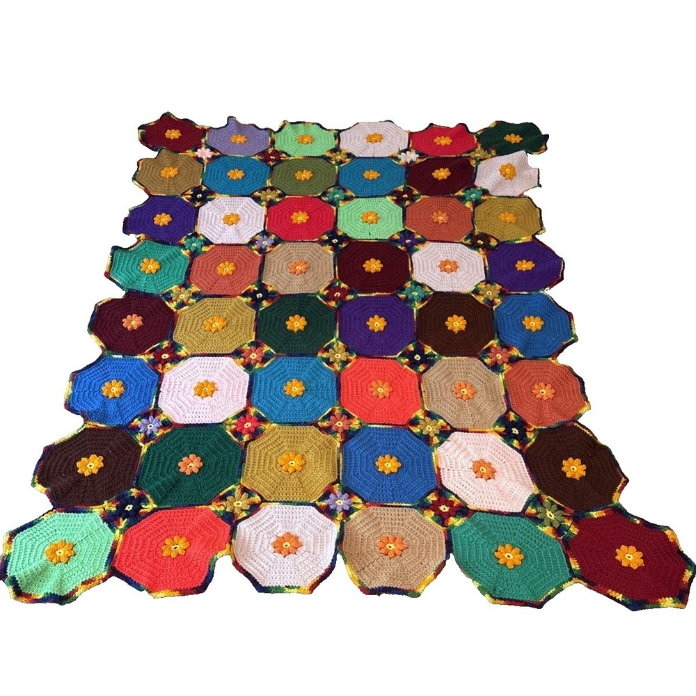 VTG Hand Crochet Flower Octagon Granny Throw Blanket Afghan Retro Boho Hippie